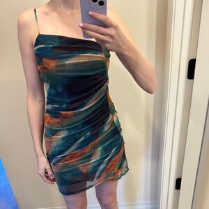 Topshop | Landscape Print Ruched Mesh Slipdress - Green | Size 4 & 6 Available